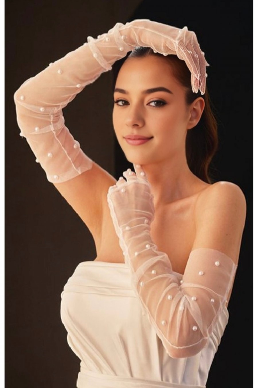 İncili Dirsek Üstü Şeffaf Gelin Eldiveni